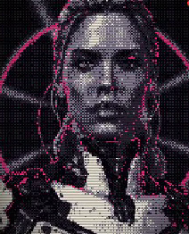 Dithered portrait of the anchor, a woman in sci-fi armour, in magenta and grey pixels