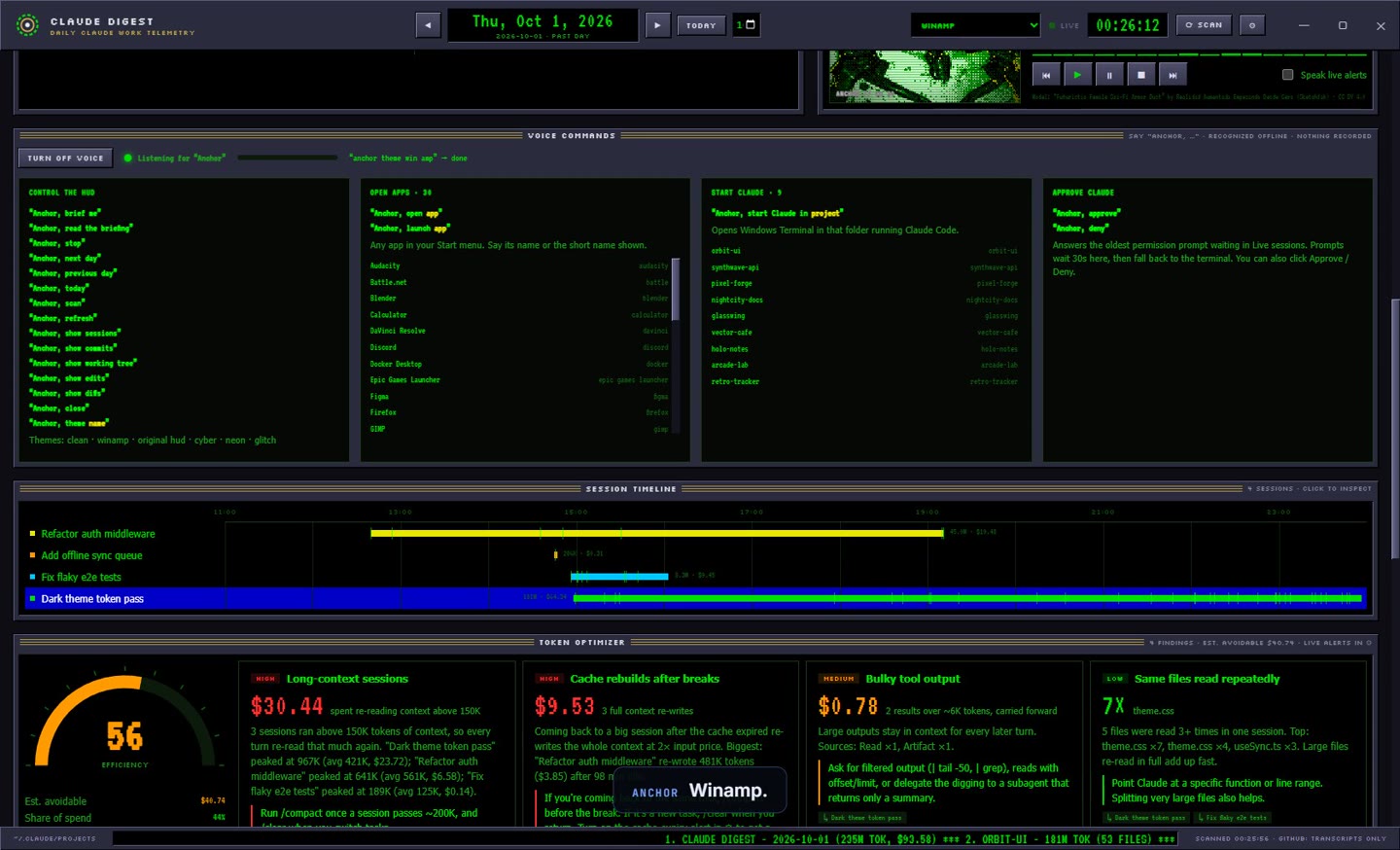 Winamp theme in green phosphor on black, with the voice commands panel and timeline