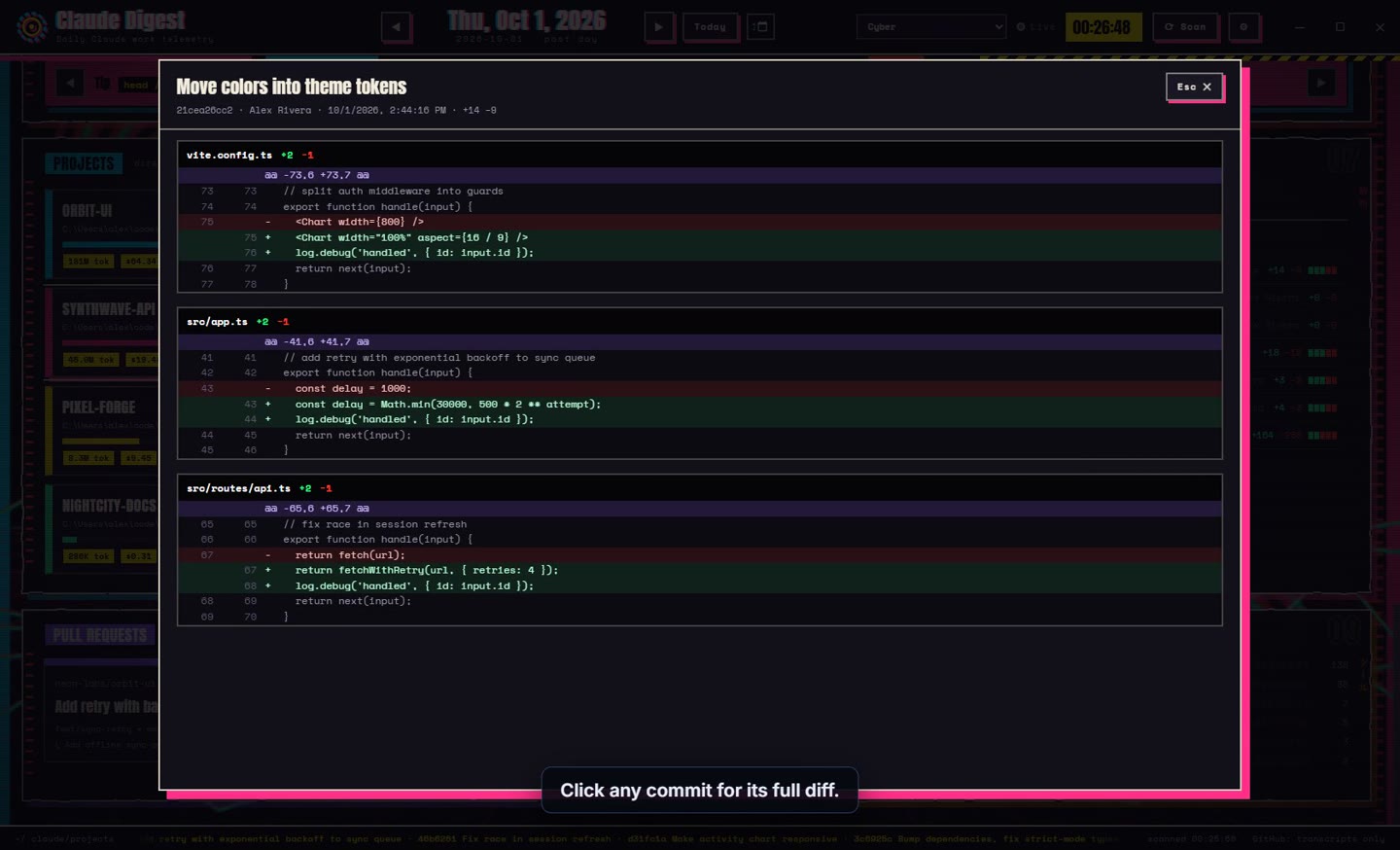 Cyber theme with a commit diff open: three files with added and removed lines