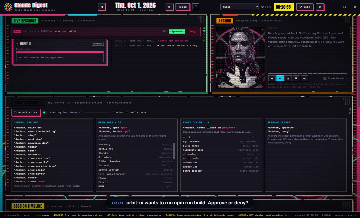 Cyber theme: approval strip for Bash npm run build in orbit-ui with Approve and Deny, above the voice commands panel
